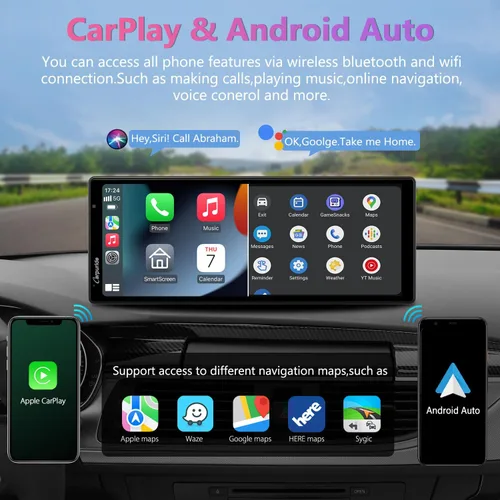 Vista 2 de CARPURIDE W903 Carplay portátil y Android Auto con cámara de salpicadero, pantalla HD IPS de 9.3 pulgadas, cámara frontal 4K y trasera 1080P