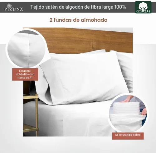Vista 3 de Pizuna Juego de 2 fundas de almohada de 100 % algodón puro, tamaño Queen, color blanco, lujosas fundas de almohada de 400 hilos de satén de algodón
