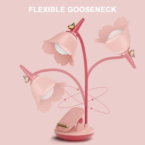 Vista 6 de Lámpara de escritorio rosa con abrazadera, lámpara LED pequeña recargable, cuello de cisne ajustable, regulable, linda para dormitorio de niñas