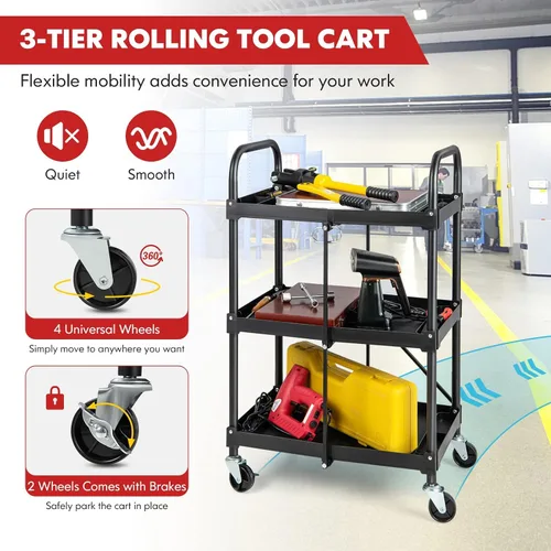 Vista 5 de IRONMAX Carrito de servicio plegable con ruedas, carrito plegable de 3 niveles de metal resistente con rueda universal y compartimentos, carrito
