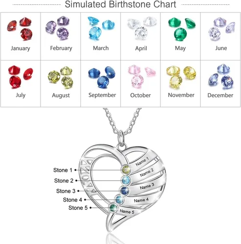 Vista 2 de Personalized Mom Heart Necklace Birthstone Necklace for Women Mom Jewelry with 1-6 Names Customized Name Necklace Christmas Birthday Gifts for Mama