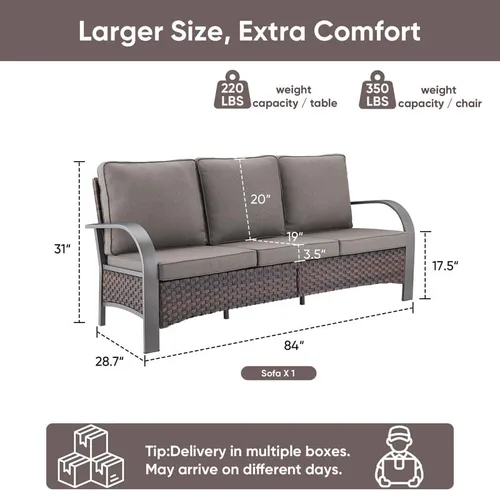 Vista 3 de Rilyson 3 Seat Outdoor Wicker Couch, Rattan Patio Sofa with Grey Cushions Brown/Grey