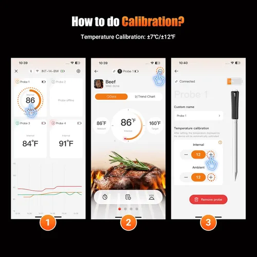 Vista 9 de Termómetro inalámbrico para carne con 4 sondas WiFi con base independiente de pantalla LCD legible en 360°, WiFi y Bluetooth 5.3 de alcance