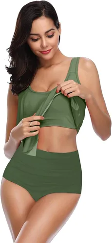 Vista 3 de Angerella - Traje de baño para mujer con volantes, tankini de cintura alta, con control de abdomen