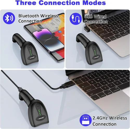 Vista 4 de Escáner de código de barras Bluetooth versátil 3 en 1 (2.4 GHz Bluetooth6.0 inalámbrico+USB 2.0 con cable) Lector de código de barras láser symcode