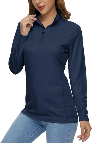 Vista 36 de MAGCOMSEN Camiseta de manga larga para mujer, con cremallera de un cuarto 01-Negro
