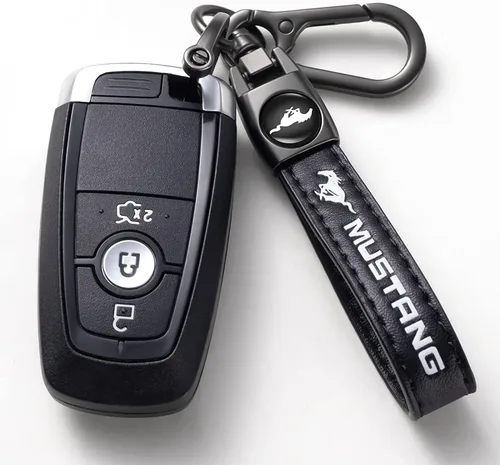 Vista 2 de Llavero de cuero genuino para automóvil compatible con Ford Mustang, accesorios para llavero familiar, regalo familiar para hombre y mujer