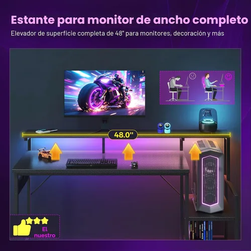 Vista 7 de AODK Escritorio para juegos de 48 pulgadas con luces LED y soporte para CPU