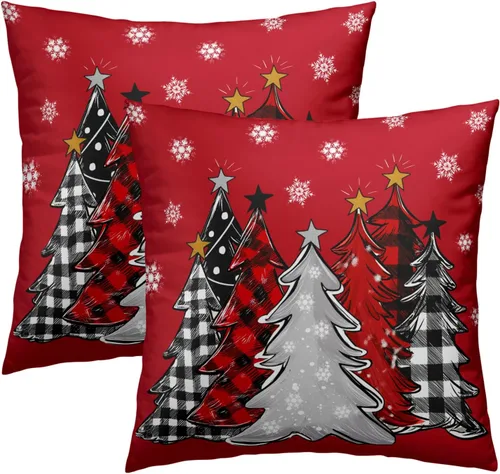 Vista 2 de Funda de almohada de Navidad 40.6 x 40.6 cm Árbol de Navidad rojo Funda de almohada de invierno Copo de nieve decorativo Juego de 2 fundas