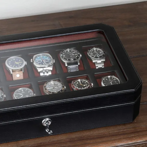 Vista 6 de ROTHWELL Caja de reloj de cuero con 12 ranuras, organizador de lujo para relojes, forro de microgamuza, soporte para relojes de joyería para hombre