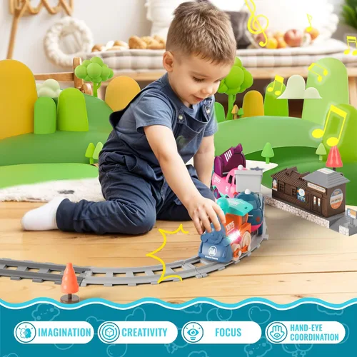 Vista 5 de MORECOLL Juego de Tren Eléctrico para Niños Pequeños y Niños con Música, Luces y Vías - Primer Tren Choo Choo, Conexión Magnética, Regalos