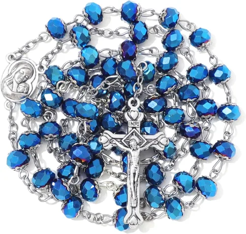 Vista 7 de KOMI Rosario de cuentas católicas para mujer, collar de cuentas de rosario con cruz de crucifijo, perlas de cristal, rosario, rosarios, católicos