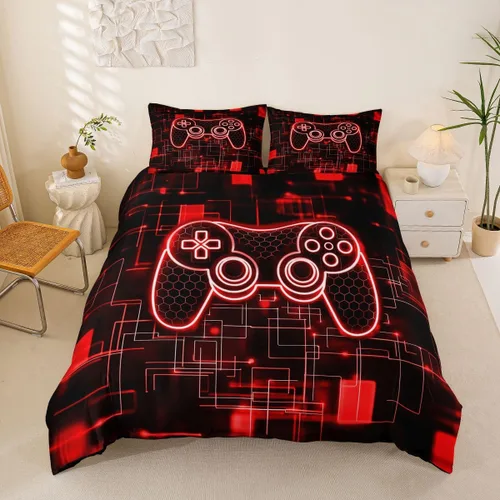 Vista 25 de Juego de funda de edredón con diseño de videojuegos para niños, tamaño individual, negro y azul a cuadros, juego de ropa de cama moderna