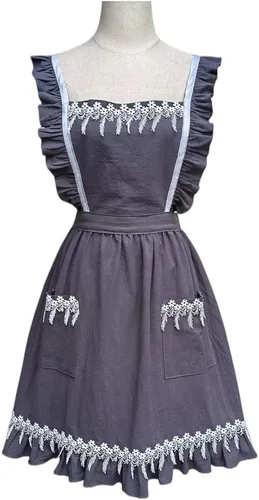 Vista 3 de DNLKWGO Delantal de algodón cómodo, delantal de cocina y pintura, estilo bordado, delantales florales para mujer Gris