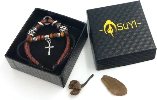 Vista 7 de Suyi brazalete ajustable con varias capas, de cuero tejido trenzado con cruz. Pulsera tipo esclava.