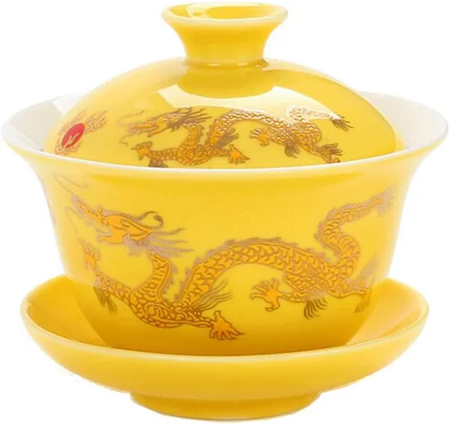 Vista 3 de Moyishi Juego de té de porcelana china Gaiwan Floral Dragon Tradition Sancai Tea Cup Tea Cup Tea Set Mejor Regalo (diseño de murciélago)