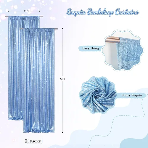 Vista 2 de PartyDelight Cortinas de fondo de lentejuelas color azul bebé, 2 paneles de 2 x 8 pies, alta densidad de 0.118 in, fondo de lentejuelas brillantes