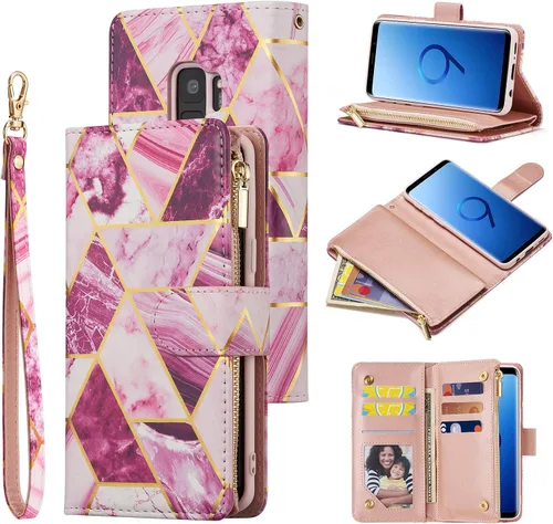 Vista 14 de UEEBAI Funda tipo cartera para Samsung Galaxy S9 Plus, funda de piel sintética, cierre magnético, bolsillo con cremallera, ranuras para tarjetas