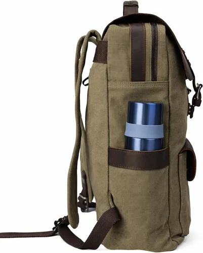 Vista 3 de Mochila de lona vintage con cuero de vaca de grano superior, bolsa de trabajo para portátiles de 16 pulgadas, Verde militar, Mochilas de viaje