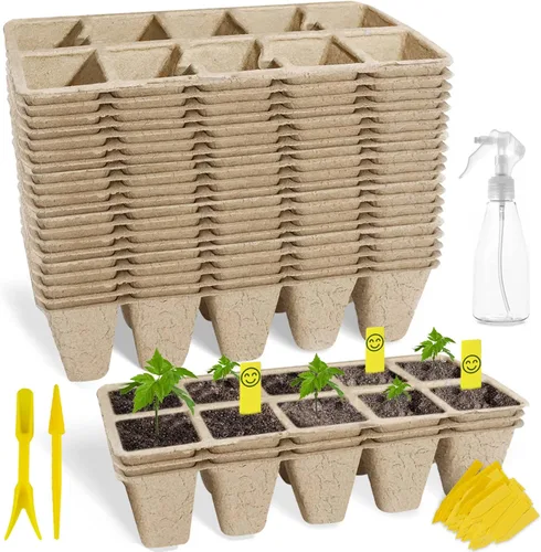 Vista 13 de Bandeja de inicio de semillas 100 celdas, macetas de turba biodegradables para plántulas, paquete de 10 vasos cuadrados de pulpa de 1.8 pulgadas