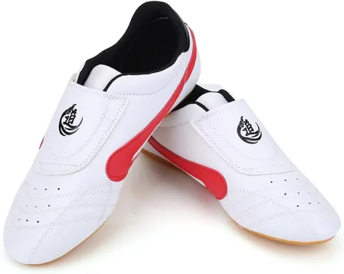 Vista 3 de Dilwe Taekwondo Zapatos, Cuero PU Taekwondo Zapatos de Boxeo Gimnasio Artes Marciales Zapatos para Adultos (38) Rojo, Rojo
