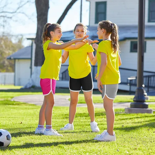 Vista 5 de Resinta Paquete de 5 pantalones cortos deportivos para niñas, pantalones cortos de fútbol para niños, de secado rápido, pantalones cortos