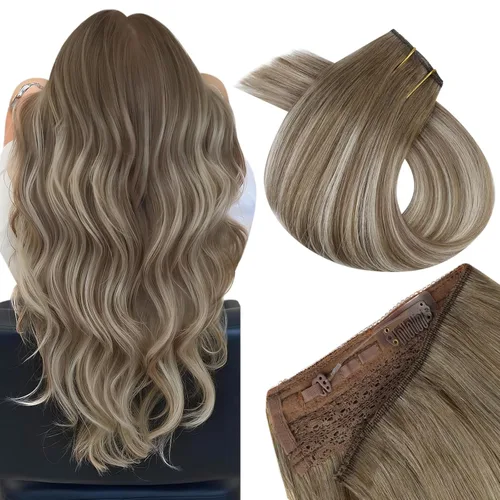Vista 59 de Easyouth Extensión de cabello humano rubio con cola de caballo, extensiones de cabello humano rubio dorado con reflejos rubios, extensiones