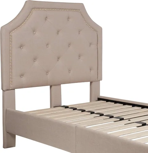 Vista 6 de EMMA + OLIVER Base de cama tapizada con diseño arqueado y diseño capitoné en tela beige