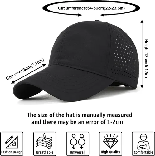 Vista 5 de Enwokran Gorra de béisbol deportiva de secado rápido para hombre, gorra atlética ajustada de malla ajustable, gorra lisa para correr, gorra de Negro
