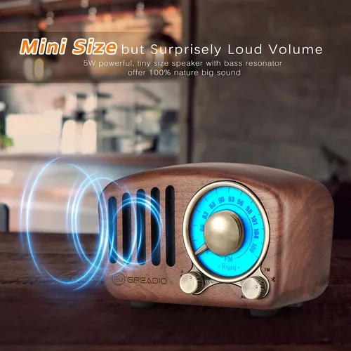Vista 7 de Greadio Vintage - Altavoz Bluetooth de madera de nogal + radio FM retro con estilo clásico antiguo