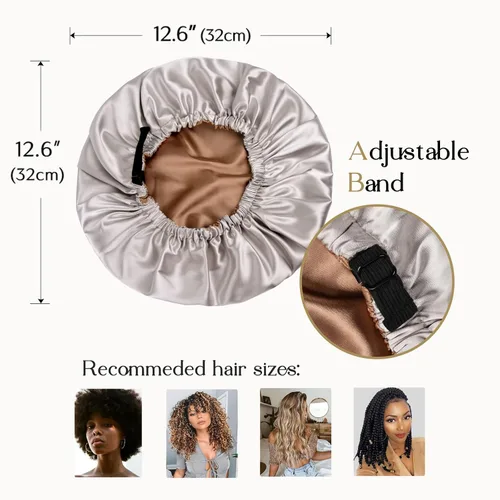 Vista 5 de YANIBEST Gorro de Satén Ajustable de Doble Capa Gorro de Cabello para Dormir, Gorros para Mujeres, Gorros para Cabello Natural Rizado, Gris Ceniza