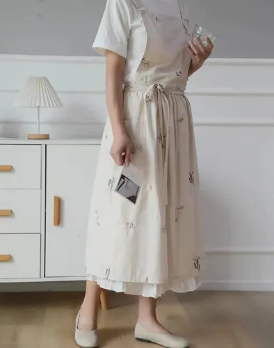 Vista 3 de Delantal japonés de algodón y lino con espalda cruzada para mujer con bolsillos, vestido de moda con lazos en la cintura