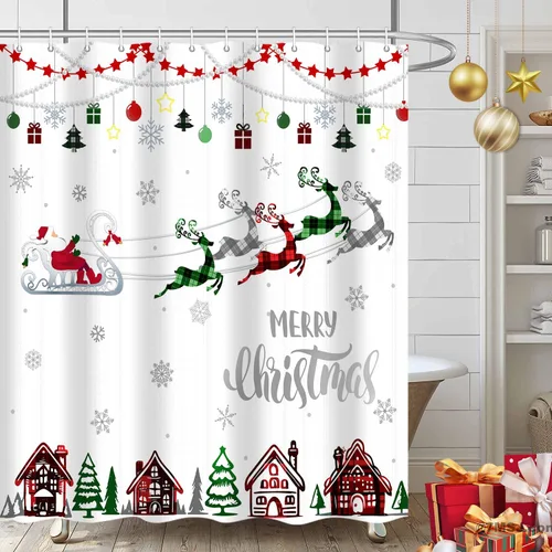 Vista 2 de Cortina de ducha de Feliz Navidad, trineo de Papá Noel, reno, copo de nieve, vacaciones, cuadros rojos y verdes, juego de cortinas de ducha
