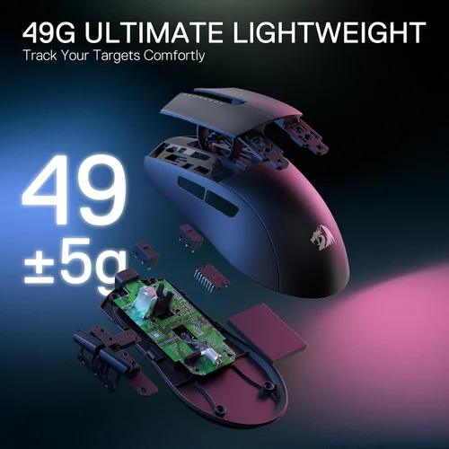 Vista 3 de Redragon M916 STD - Ratón inalámbrico para juegos de 3 modos, 49G ultra ligero 24K DPI ratones con agarre natural ergonómico, botones programables