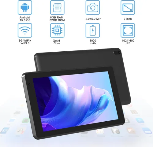 Vista 2 de Tablet Android 15 Tablets con funda 7 pulgadas, 8GB RAM, 32GB ROM soporte 1TB Expandir PC Tablet PC, procesador de cuatro núcleos, pantalla táctil