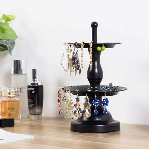Vista 2 de MyGift Organizador de almacenamiento de aretes, árbol de joyería de metal, collar y colgante de pulsera, con bandeja de anillos de madera, soporte