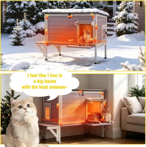 Vista 8 de Heated Cat House for Outside,Weatherproof Insulated Feral Shelter Solid wood structure with 6-sided insulated liner & certified heating pad. Keeps