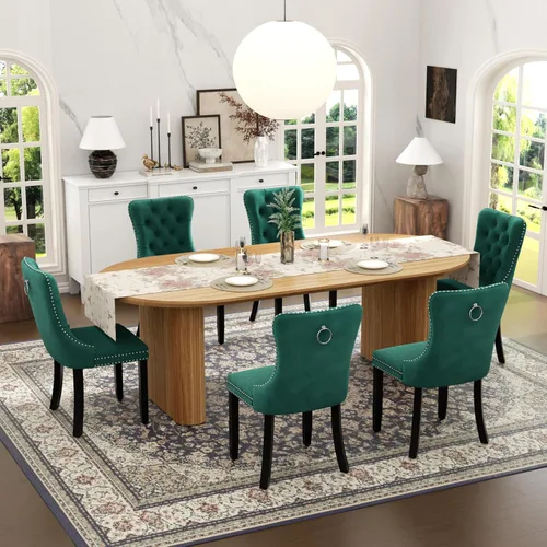 Vista 19 de Juego de mesa de comedor ovalada extensible con 4 sillas tapizadas de terciopelo de alta gama, mesa de cocina de 59 a 91 pulgadas y sillas