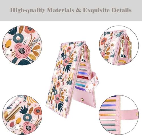 Vista 5 de Billetera de gran capacidad con bloqueo RFID para mujer, organizador multitarjetas, billetera plegable para mujer con bolsillo con cremallera