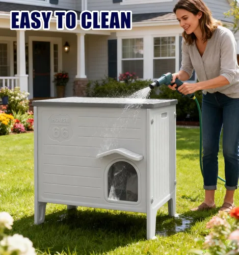 Vista 8 de Casa de Plástico para Gatos para Exteriores e Interiores, Casas para Gatos Ferales con Puerta de Escape, Casa Impermeable para Gatos para Exteriores