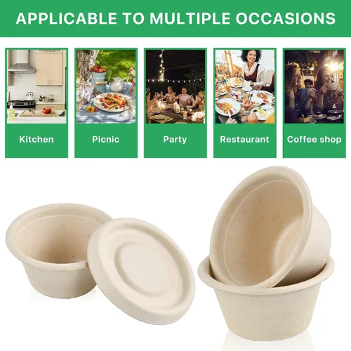 Vista 7 de Paquete de 200 tazas de salsa desechables de 2 onzas, mini tazas de condimento de fibra de bagazo biodegradable con tapas para preparación
