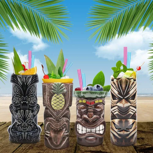 Vista 6 de LINALL Tiki Mugs - Juego de 4 vasos grandes de cerámica hawaiana Luau para fiesta, lindos vasos de cóctel exóticos, Tiki Bar profesional hawaiano