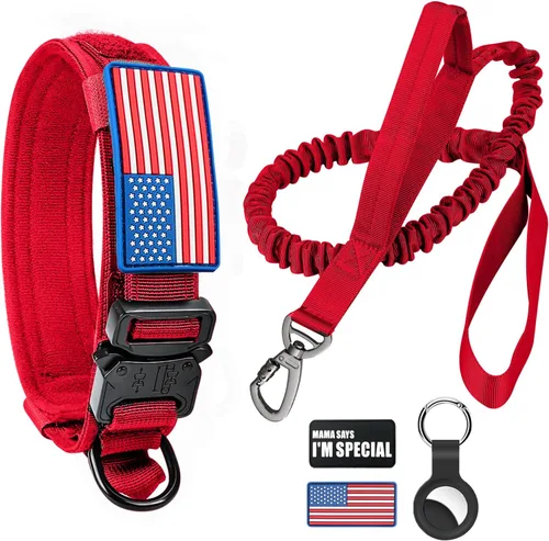 Vista 16 de Collar táctico para perro y correa elástica, juego de collar y correa militar para perro con bandera estadounidense de Estados Unidos, collar K9