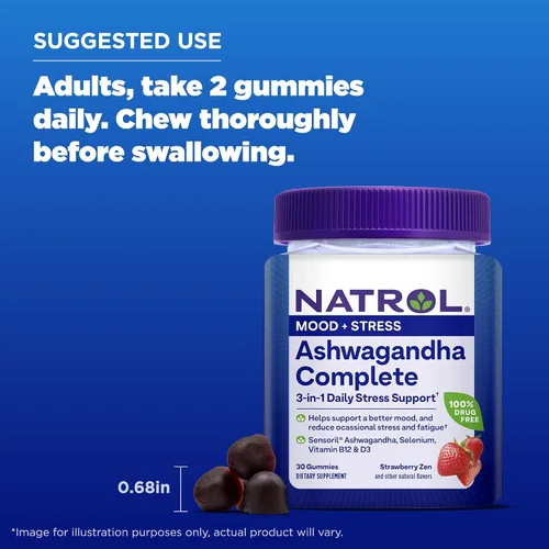 Vista 5 de Natrol Ashwagandha - Gomitas completas, soporte diario de estrés 3 en 1, apoya un mejor estado de ánimo, reduce el estrés ocasional y la fatiga, 30