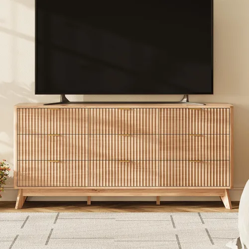 Vista 5 de Cómoda acanalada con 9 cajones de 63 pulgadas de ancho para dormitorio, borde curvado, roble Wooden Closet Organizer for Bedroom,Fluted Dresser with