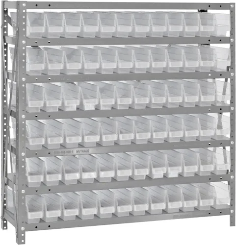 Vista 128 de Quantum QSBU-245BK Heavy Duty Shelving Unit with (7) Shelves and (24) QUS245 Black Bins for Garage Warehouse Storage Distribution 400 lb Load