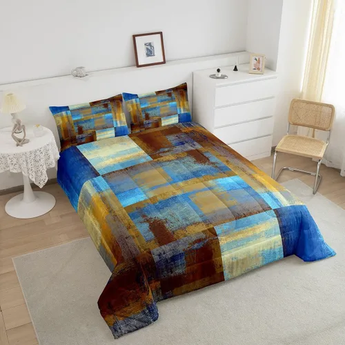 Vista 4 de Erosebridal - Juego de ropa de cama con edredón a cuadros de retazos tamaño individual, aguada geométrica en cuadrícula, conjunto retro grunge
