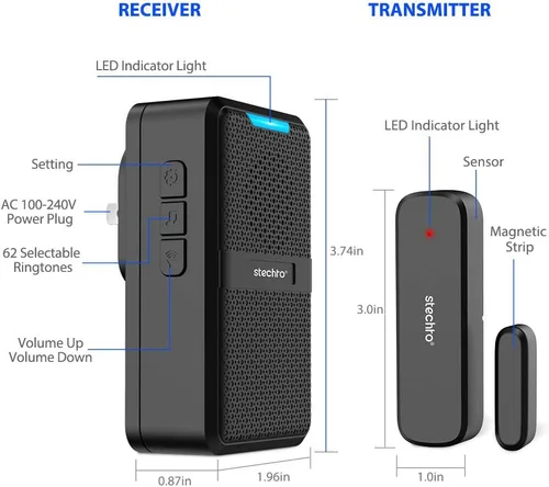 Vista 7 de STECHRO - Timbre de puerta inalámbrico, rango de 600 pies, 2 sensores magnéticos de alarma para puerta, 1 timbre de puerta, receptor con 62