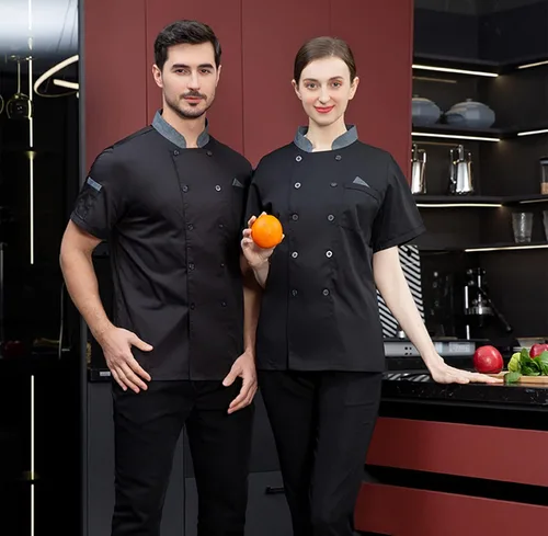 Vista 3 de Chaqueta de chef unisex con doble botonadura trasera, malla completa, ligera, costura de color, uniforme de chef