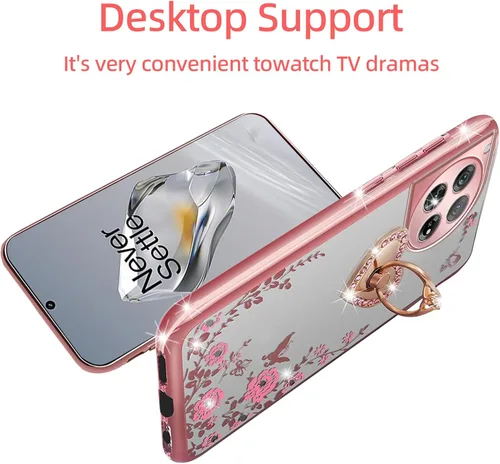 Vista 5 de Funda para OnePlus 12 2024 con bonito soporte de anillo de corazón y correa de silicona suave transparente para mujer, funda protectora a prueba